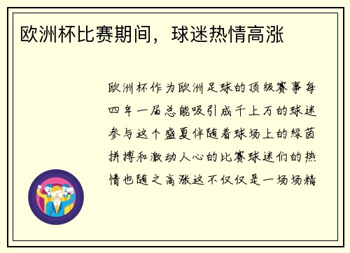 欧洲杯比赛期间，球迷热情高涨