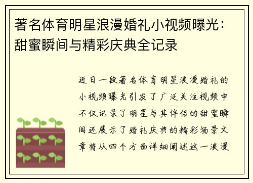 著名体育明星浪漫婚礼小视频曝光：甜蜜瞬间与精彩庆典全记录