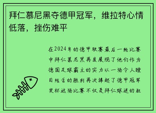 拜仁慕尼黑夺德甲冠军，维拉特心情低落，挫伤难平