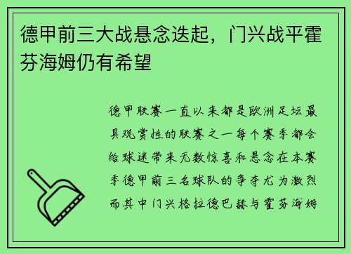 德甲前三大战悬念迭起，门兴战平霍芬海姆仍有希望